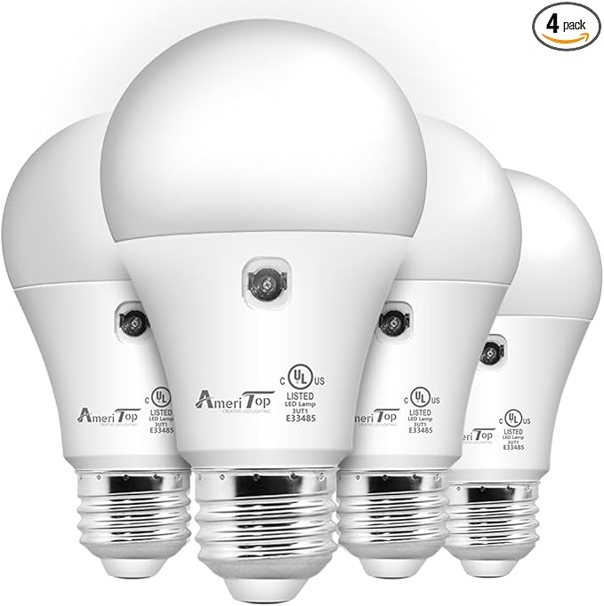 AmeriTop Dusk to Dawn Light Bulb- 4 Pack, A19 LED Sensor Light Bulbs; UL Listed, Automatic On/Off, 800 Lumen, 10W(60 Watt Equivalent), E26 Base, Indoor/Outdoor Lighting Bulb (5000K Daylight)