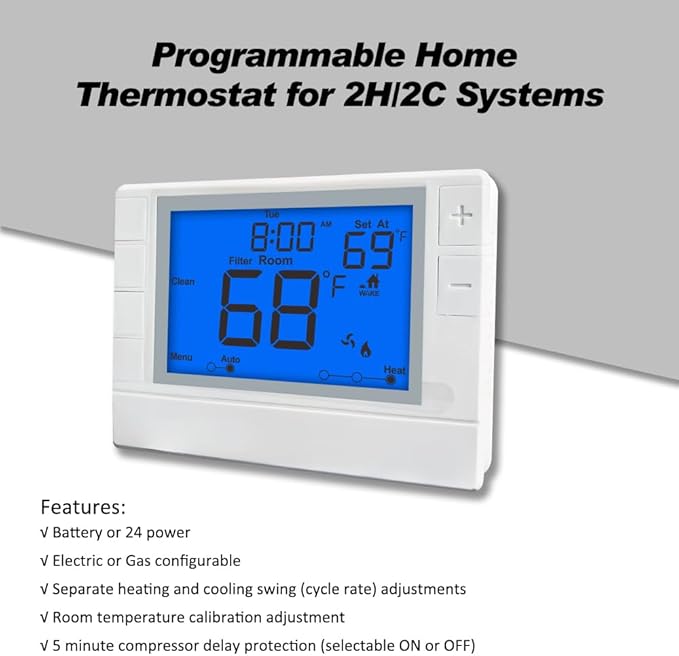 Programmable Thermostat, Thermostat for Home HVAC Systems,Multi-Stage, 2 Heat/2 Cool, Blue Backlight