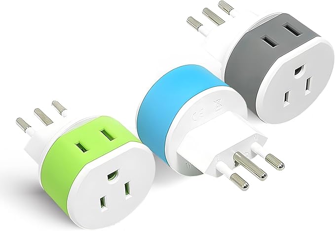 Orei Italy, Uruguay Type L Power Plug Adapter 3 Pack - 2 Usa Inputs, safe for cell phones, laptops, camera chargers, Cpap, and more US-12A