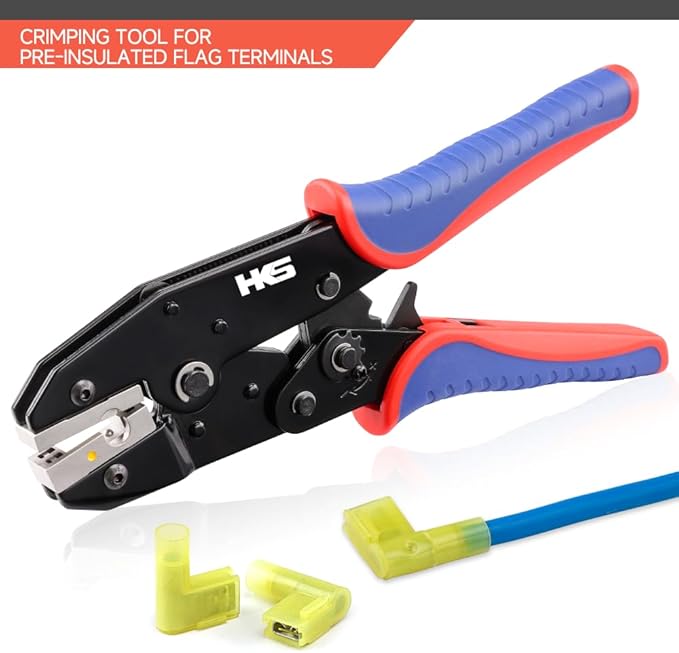 HKS Crimping Tool for Insulated Flag Terminals - Ratcheting Wire Crimpers -12-10AWG (4-6mm²) - Ratchet Terminal Crimper - Electrical Crimping Tool