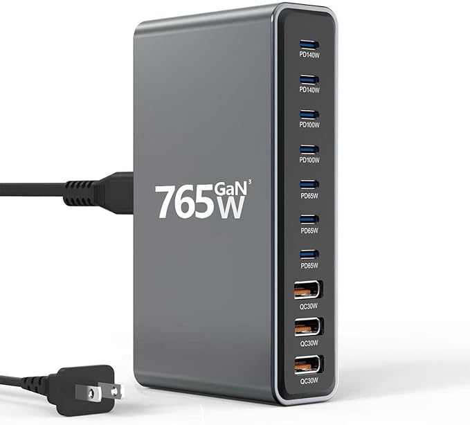 765W 10-Port GaN 3 Desktop Charging Station for Phones, Tablets, Laptops, Smartwatches & Earphones - Home, Office & Travel Compatible
