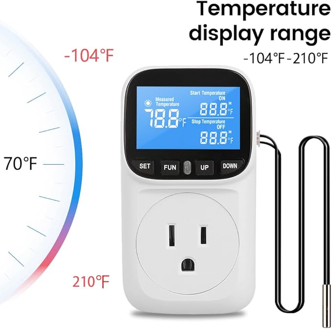 Diymore Plug in Digital Thermostat Temperature Controller,1800W,120V / 15A,-104℉~210℉, Heating Cooling Mode Solar Controller Incubator Thermometer Reptile Greenhouse Thermostat Pool Thermometer