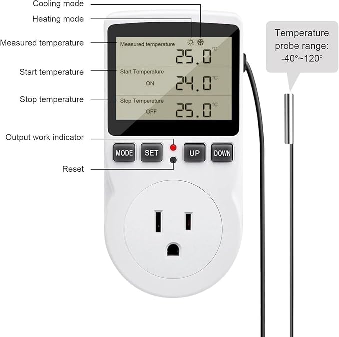 Diymore 1800W Plug in Thermostat Temperature Controller Electric Digital RV Thermostats Heating Cooling Control Mode Timer White 120V 15A Digital Temperature Controller Thermostat Timer LCD Display
