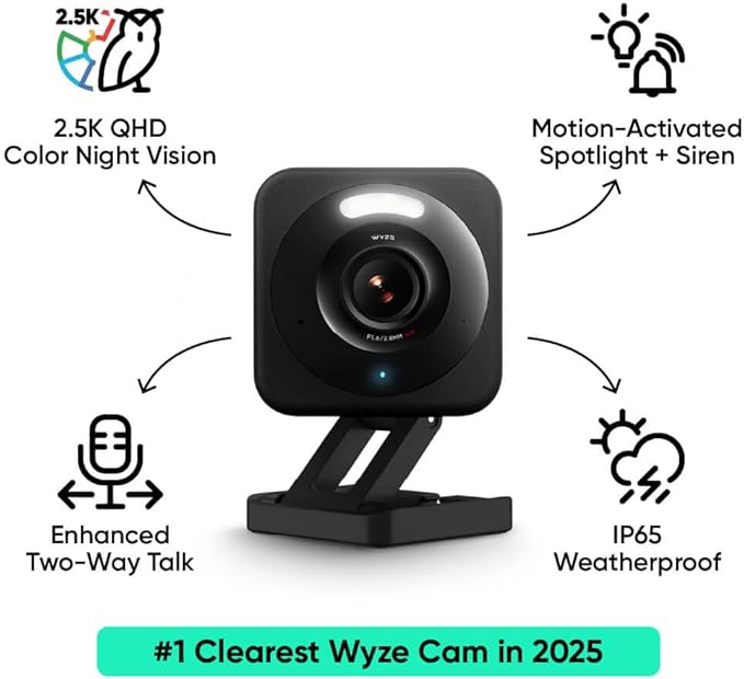 WYZE Cam v4, 2.5K QHD WiFi Indoor/Outdoor Smart Home Security Camera, Pet/Baby Monitor, Motion Activated Spotlight/Siren, Color Night Vision, 2-Way Audio, Works with Alexa & Google, Free Expert Help