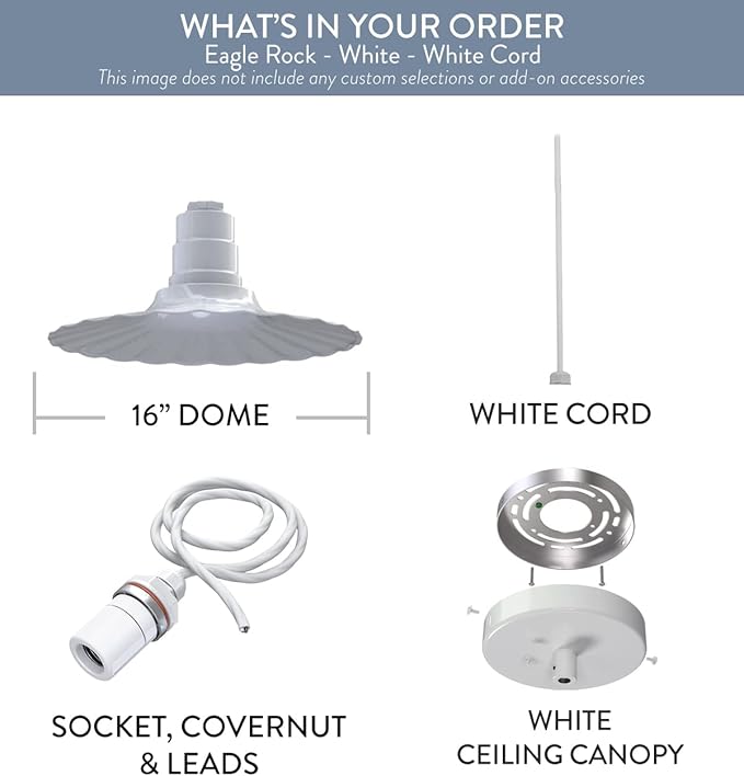 Steel Lighting Co. Eagle Rock Pendant | Ceiling Mounted Light | 16 inch Radial Wave | White Cord | Heavy Duty Steel Retro Farmhouse Style Made in America | White Exterior/White Interior