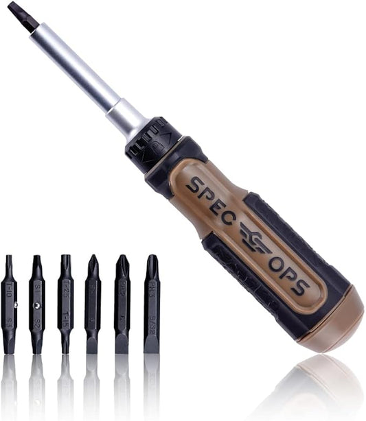 Spec Ops Tools Ratcheting Screwdriver, 12-in-1, Includes 6 Double-Sided S2 Steel Bits, Magnetic, Cr-Mo Steel Shaft, 3% Donated to Veterans Flat Dark Earth/Black