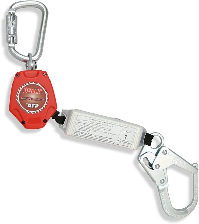 AFP Demon 6 FT Single Leg Self-Retracting Lifeline Web Lanyard Retractable, 1.97-inch Gate Opening Steel Locking Rebar Hook, Yoyo, Shock Absorber | Tower Fall Protection OSHA & ANSI Rated SRL