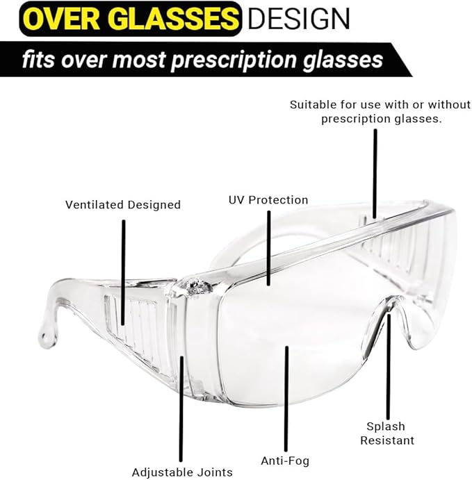 Bulk Packs Safety Glasses Over Eyeglasses - (ANSI Z87, Anti-Fog, Scratch-Resistant, UV Protection)