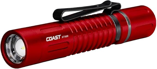 COAST XT10R 280 Lumen USB-C Rechargeable Pocket Flashlight/Penlight with TWIST FOCUS and Two-Way Clip, 3 Bite Caps included, Pocket Size for EDC, Work and Emergencies, RED