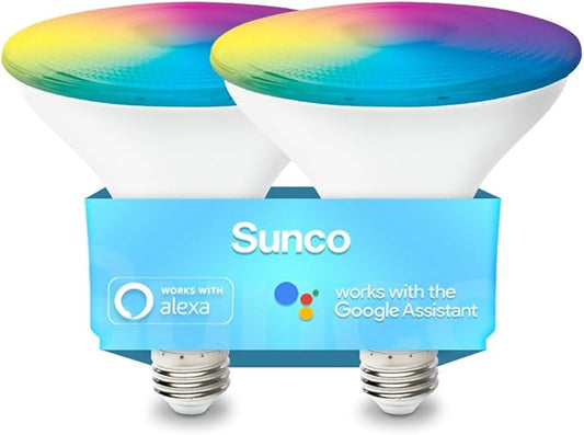 Sunco PAR38 Alexa Compatible Smart LED Bulbs, WiFi Color Changing Outdoor Flood Light, 13W, RGB Tunable White CCT, Dimmable, with Amazon Alexa & Google Assistant, No Hub Required 2 Pack.