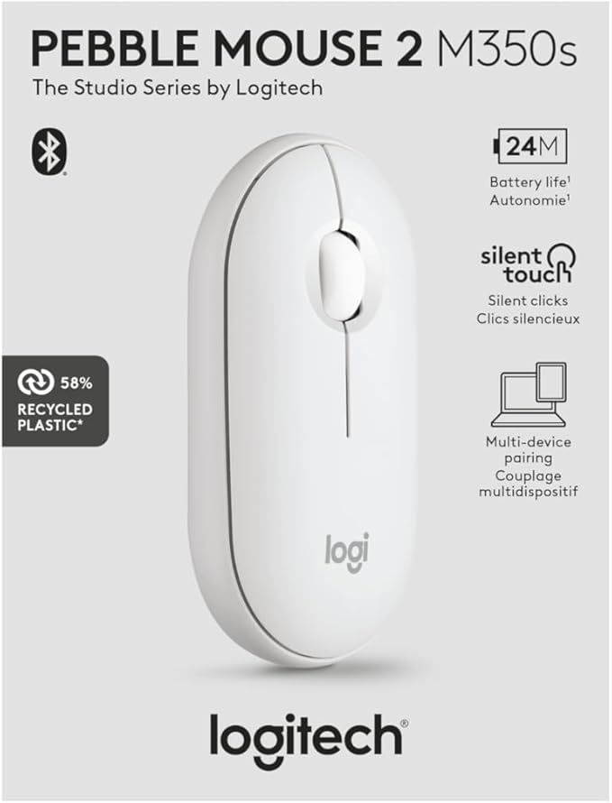Logitech Pebble Mouse 2 M350s Slim Bluetooth Wireless Mouse, Portable, Lightweight, Customizable Button, Quiet Clicks, Easy-Switch for Windows, macOS, iPadOS, Android, Chrome OS - Tonal White