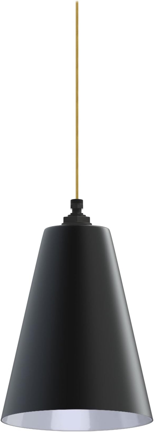 Steel Lighting Co. Laurel Pendant Light | Ceiling Mounted | 8.5 inch Cone Shade | Modern Contemporary Farmhouse Style Made in America | Gold Cloth Cord | Matte Black Exterior/White Interior
