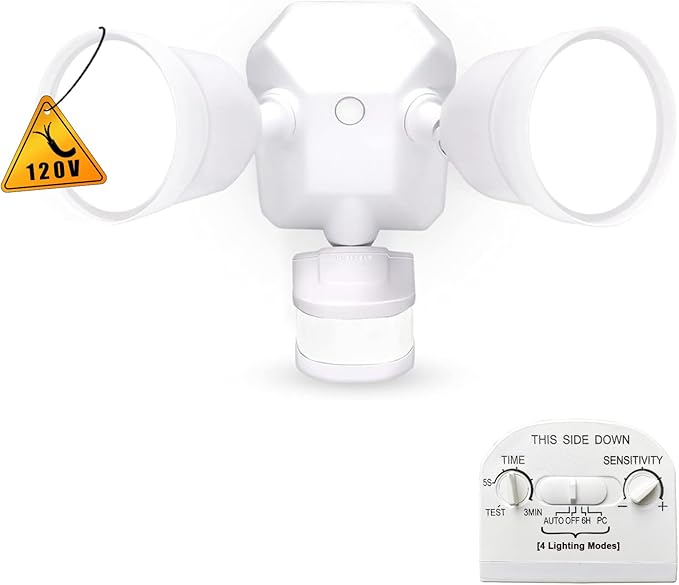 EMANER Motion Activated Security Light, Motion Sensing & Dusk to Dawn Adjustable, AUTO Dim & Keep On 4 Lighting Mode Option, 5000K 28W Hardwired LED Floodlight (White, 1-Pack)