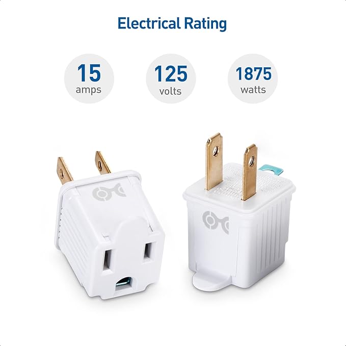[UL Listed] Cable Matters 3-Pack 2 Prong to 3 Prong Outlet Adapter, 3P to 2P Plug Adapter - Converts a 2-Prong Outlet to Support 3-Prong Plugs, White