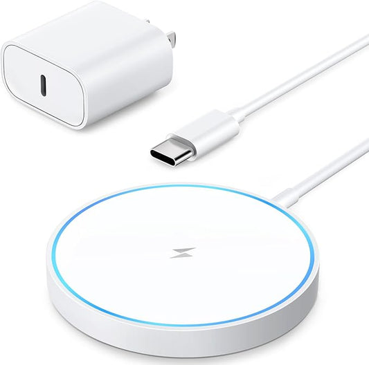 Magnetic Wireless Charger Mag Safe Charging Pad Compatible with iPhone 16/15 Pro Max/15 Pro/15/15 Plus/14/13/12 Series, 2024 Upgraded Fast Mag-Safe LED Charger with 20W Type-C Adapter (White)