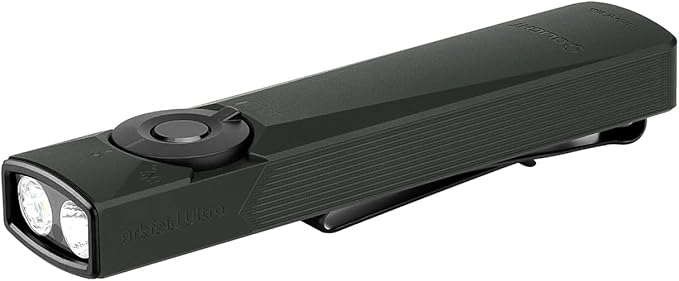 OLIGHT Arkfeld Ultra 1400 Lumens EDC Flat Flashlight, Rechargeable Pocket Light with White LED, UV, and Green Beam (Olive Grey)