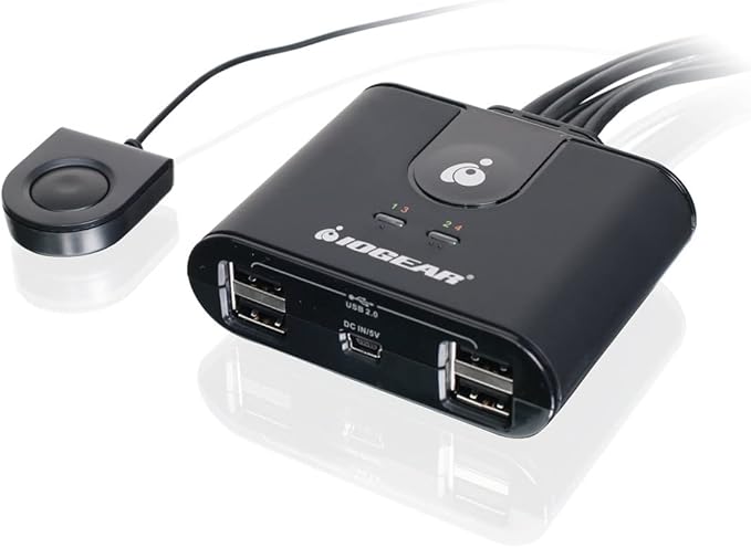 IOGEAR USB 2.0 4x4 Peripheral Switching Hub - 4 PC Share To 4 USB Devices - Up To 480Mbps - Mobile Devices Charging - Mouse/Keyboard - Printer - Scanner - EX HD & More-LED Indicators w/Remote - GUS404