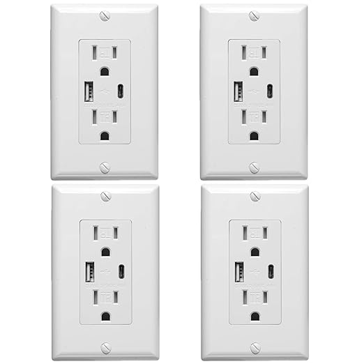 Diodesy- USB Outlet and Duplex Tamper Resistant Receptacle Plug 15 Amp Electrical Outlet with Wall Plate Cover Fast Charging Power Dual Type A & C Ports for Phones Tablets Laptops UL Listed Pack of 4
