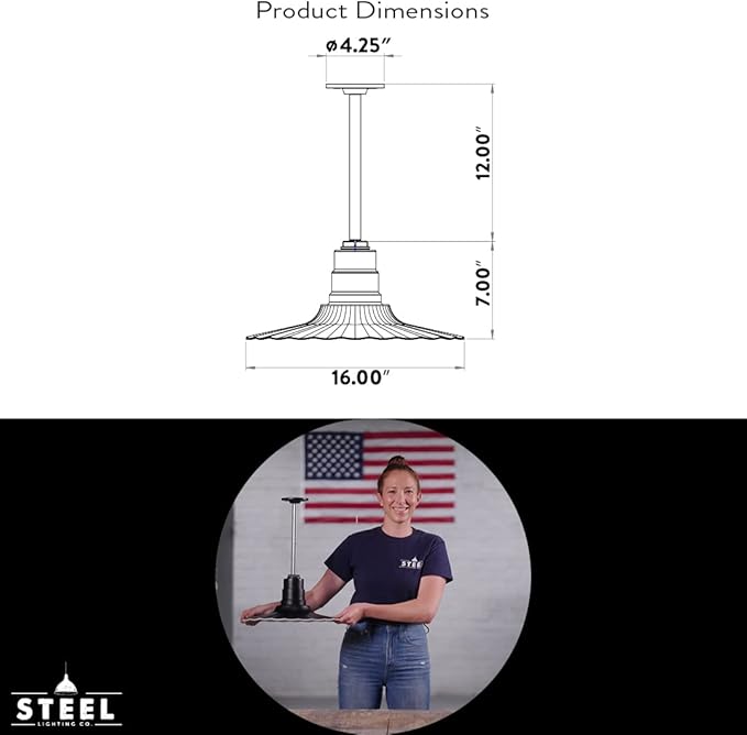 Steel Lighting Co. Eagle Rock Pendant | Ceiling Mounted Light | 16 inch Radial Wave | 12 inch Sloped Stem | Heavy Duty Steel Retro Farmhouse Style Made in America | Galvanized Exterior/Interior