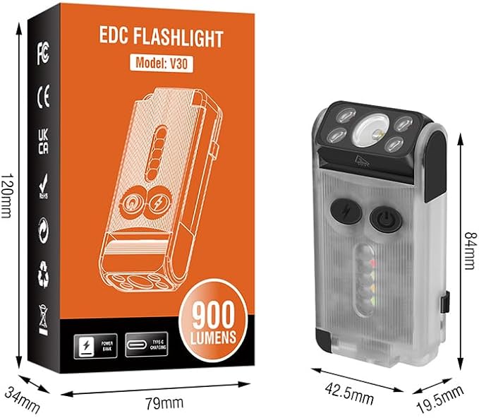 Vortex V30 EDC Flashlight Red UV Green Warm White Light Emergency Signals Fluorescent Powerful 900 Lumen Rechargeable Pocket LED Keychain Flashlight Magnetic end 180° Twistable Head 2-Direction Clip