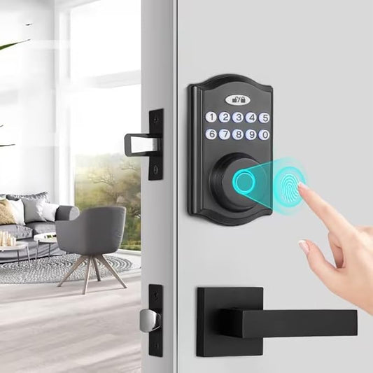 Keyless Entry Door Lock Set, Fingerprint Door Lock with 2 Door Knobs, Smart Front Door Lock with 2 Keys, Anti-Peeking Electronic Keypad Deadbolt, Auto Lock, Waterproof, Easy Installation