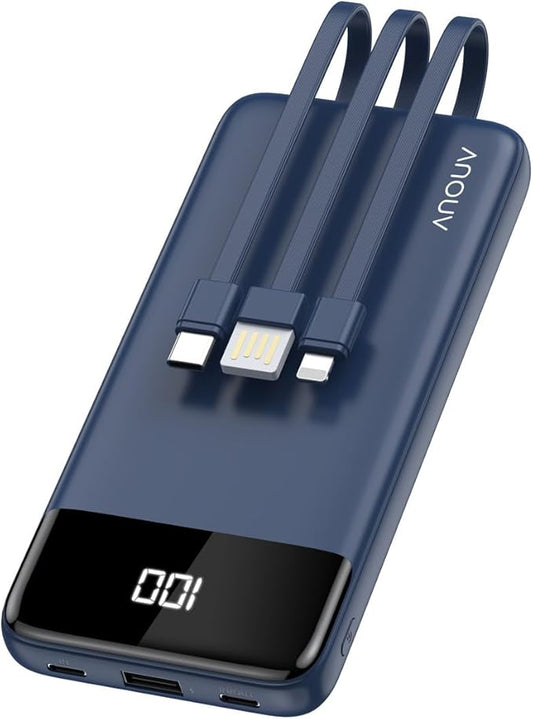 Portable Charger with Built-in Cables 10000mAh Power Bank with Cords, Slim Fast Charging Battery Pack, Travel Essential Portable Charger for iPhone 17/16/15/14/13 Series, Samsung Google Pixel iPad