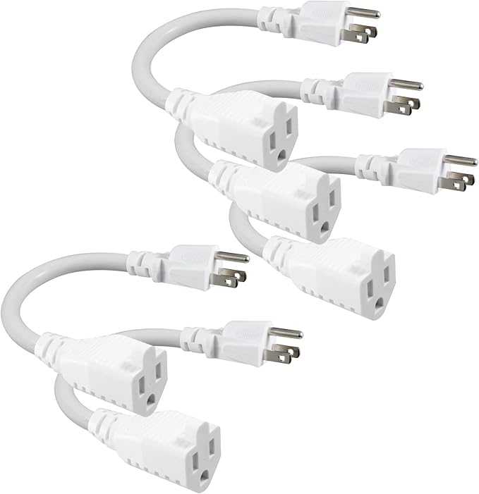 [5 Pack] White Short 3Prong Power Extension Cord - 6inch Mini Indoor Grounded Extension Cord,16AWG Small Electrical AC Extension Cord for Power Strip, 13amp Male to Female Household Extender Cable