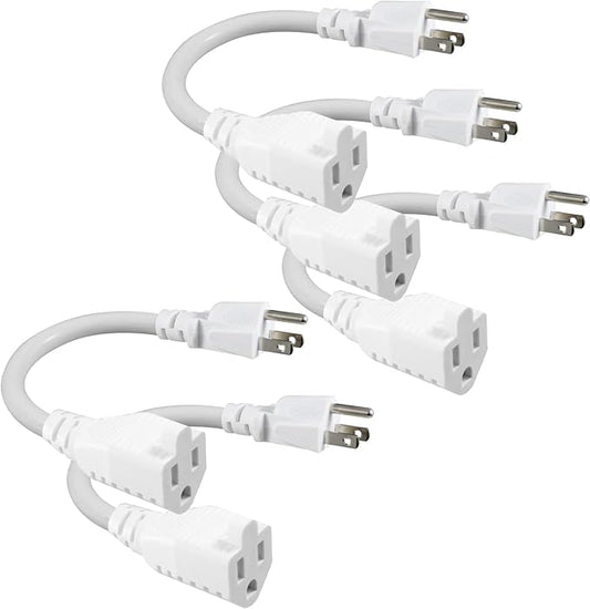 [5 Pack] White Short 3Prong Power Extension Cord - 6inch Mini Indoor Grounded Extension Cord,16AWG Small Electrical AC Extension Cord for Power Strip, 13amp Male to Female Household Extender Cable