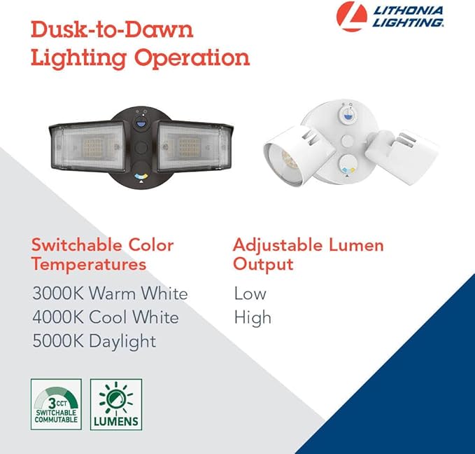 Lithonia Lighting HomeGuard 2-Light Outdoor Flood Lights, Dusk to Dawn Sensor, Adjustable Lumens, Selectable Color, Square Heads, Dark Bronze (HGX LED 2SH ALO SWW2 120 PE DDB)