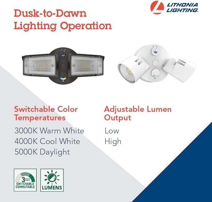 Lithonia Lighting HomeGuard 2-Light LED Outdoor Flood Lights, Outdoor LED Lights, Dusk to Dawn Sensor, Adjustable Lumens, Selectable Color, Round Heads, Dark Bronze (HGX LED 2RH ALO SWW2 120 PE DDB)