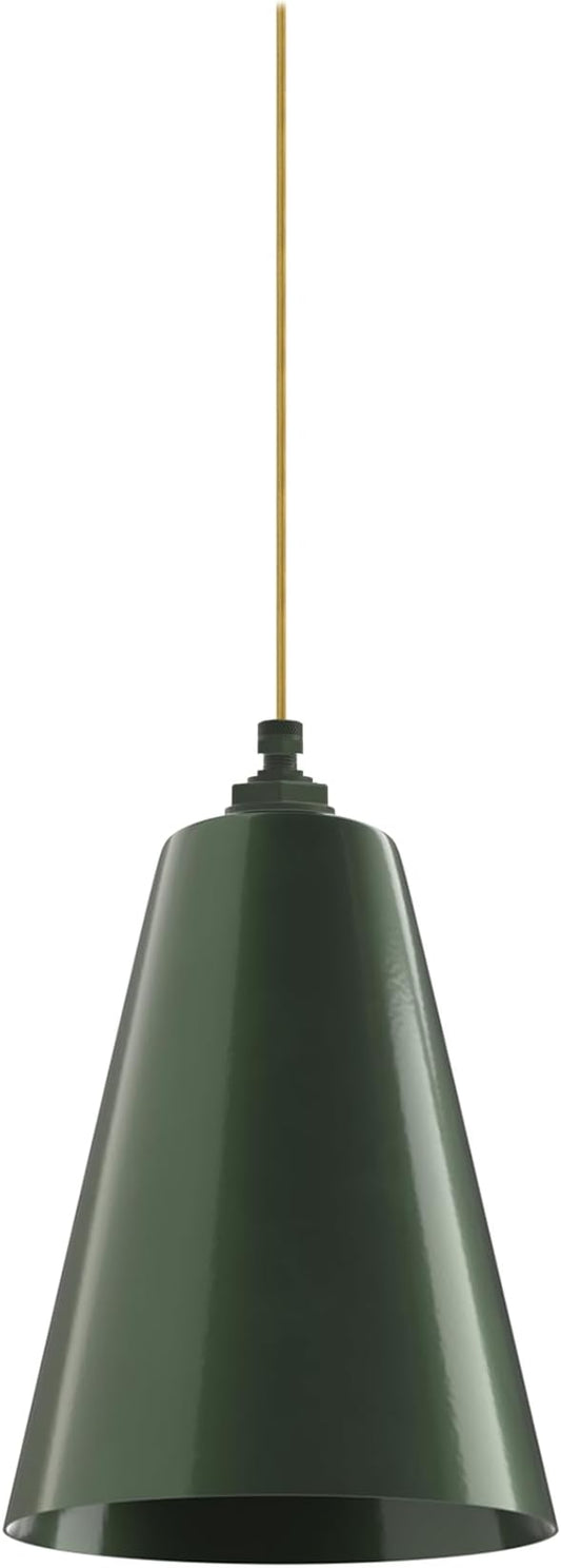 Steel Lighting Co. Laurel Pendant Light | Ceiling Mounted | 8.5 inch Cone Shade | Modern Contemporary Farmhouse Style Made in America | Gold Cloth Cord | Hunter Green Exterior/Interior