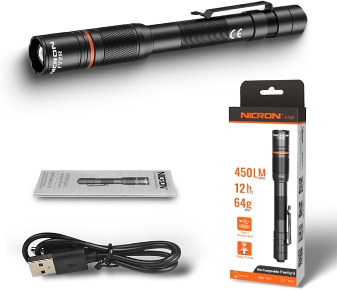 NICRON F72R Pen Light, Pocket Flashlight with Clip,5 Modes 450 lumens mini Rechargeable Flashlight Including Batteries, Focusing penlight ipx4 Waterproof for Work