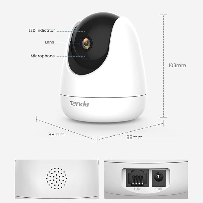 Tenda CP6 2K Indoor Wireless Pan Tilt Cameras for Home Security, Baby Monitor, Pet Camera with Phone APP, 2-Way Audio, Night Vision, Auto Tracking, Siren, AI Human & Motion Detection