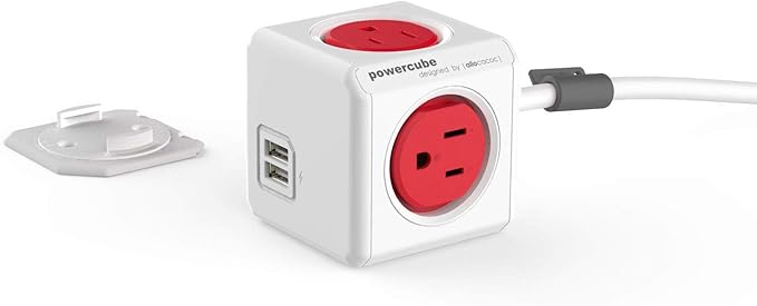 Power Strip, Allocacoc PowerCube |Extended|, 4 Outlets 2 USB Ports, 5 feet Cable, Surge Protection, Mounting Dock, Compact for Travel, Home and Office, Space Saving, ETL Certified