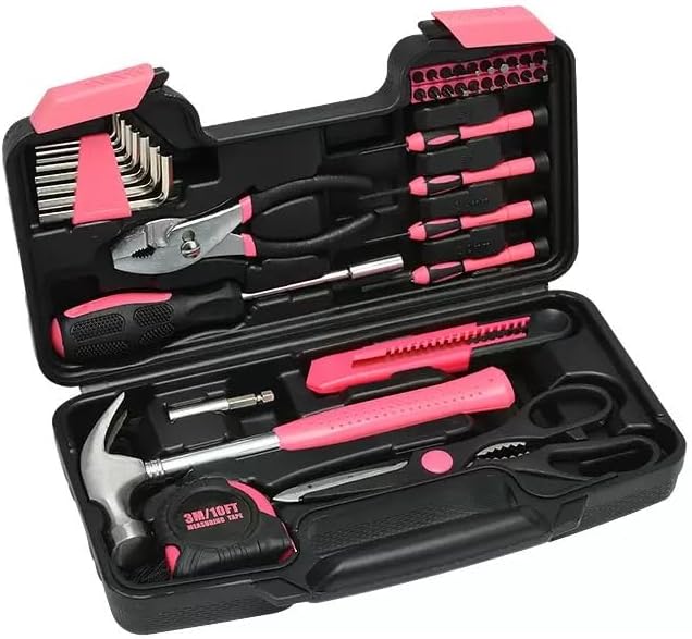 39 Pcs All Purpose Basic Household Pink Tool Kit for Women - Small Tool Set with Toolbox Great for Home, Garage, Office and College Dormitory Use