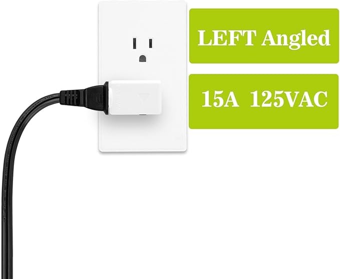 90 Degree 2 Pin Adapter, Plugrand Nema 1-15P to 1-15R Left Angled Adapter, 2 Prong Angled Adapter, NEMA 1-15P Power Adapter, PA-0506 White Color