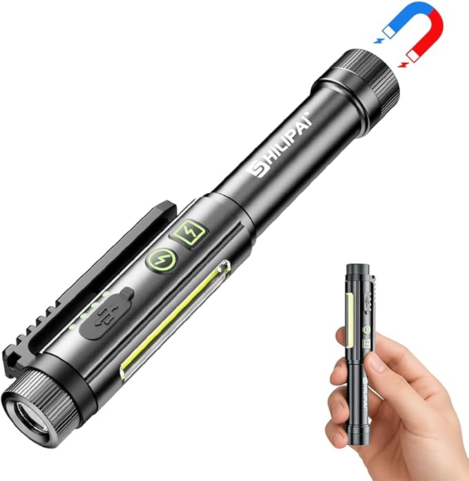 Magnetic Rechargeable Pen Light - 600 Lumen Dimmable EDC Flashlight, IPX4 Waterproof Work Light with Clip & COB LED for Mechanics, Nurses, Emergency(Grey)