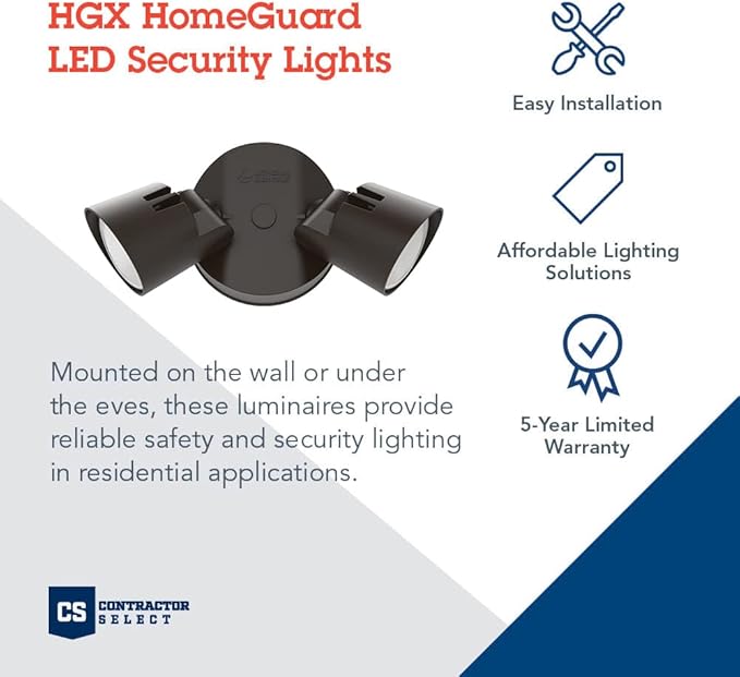 Lithonia Lighting HomeGuard 2-Light LED Outdoor Flood Lights, Wall or Ceiling Mount Outdoor Lights, 4000K Cool White, Round Heads, Dark Bronze (HGX LED 2RH 40K 120 DDB M2)