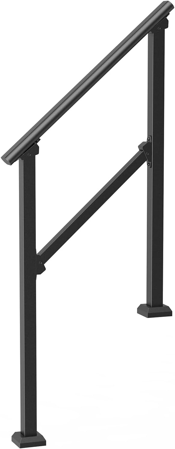 VEVOR Handrails for Outdoor Steps, 2-3 Step Stair Hand Rail Kit, Transitional Carbon Steel Railings with Installation Kit, Stair Rails for Seniors, Concrete Steps & Porch & Deck, Black Square Tube