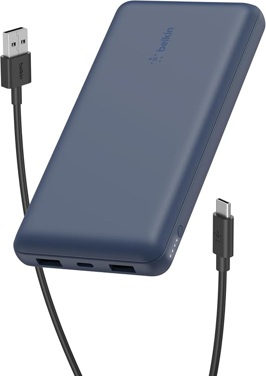 Belkin Portable Charger, USB C Power Bank 20000 mAh w/ 2 USB-A Ports, 15W w/ Type-A to Type-C Cable for iPhone 17, Air, Pro, Pro Max, Samsung Galaxy S25, S24, Google Pixel 10, iPad, etc. - Blue