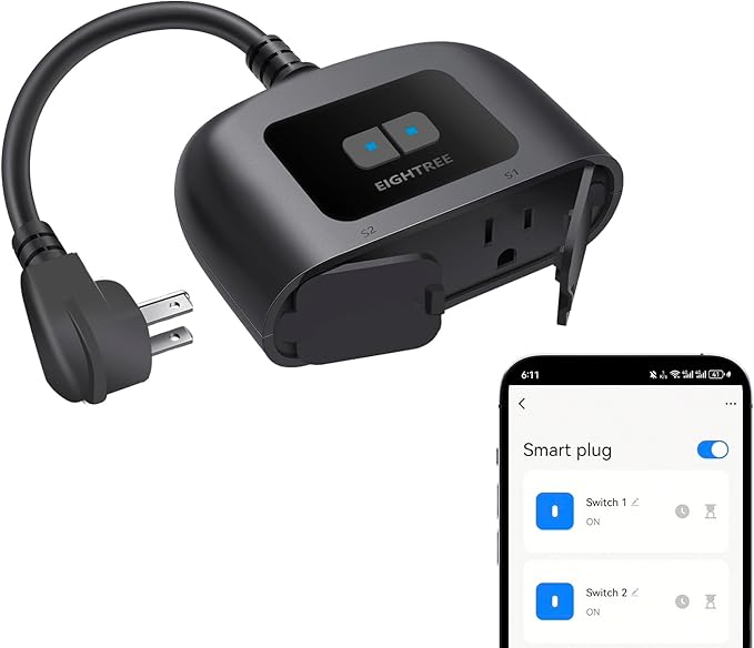 EIGHTREE Outdoor Smart Plug Waterproof IP44, Smart Outlet Plug with 2 Independently Controlled Outlets, Compatible with Alexa and Google Assistant, Voice & Remote Control, Timer&Schedule, 2.4GHz Only
