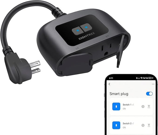 EIGHTREE Outdoor Smart Plug Waterproof IP44, Smart Outlet Plug with 2 Independently Controlled Outlets, Compatible with Alexa and Google Assistant, Voice & Remote Control, Timer&Schedule, 2.4GHz Only