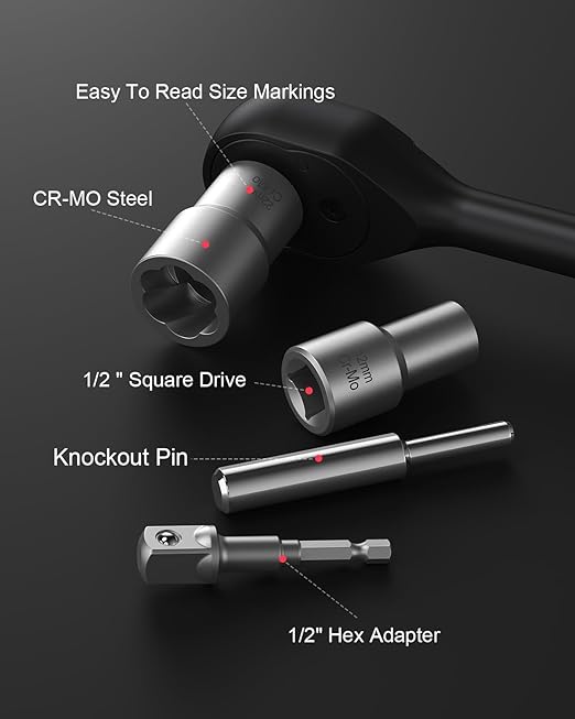 Kolvoii Deep Bolt Extractor Kit, 1/2" Drive Impact Bolt & Nut Remover Set, Lug Nut Removal Tool, 16 Pcs Stripped Extractor Socket Set for Removing Damaged, Rusted, Bolts, Nuts, Screws, 35#CR-MO