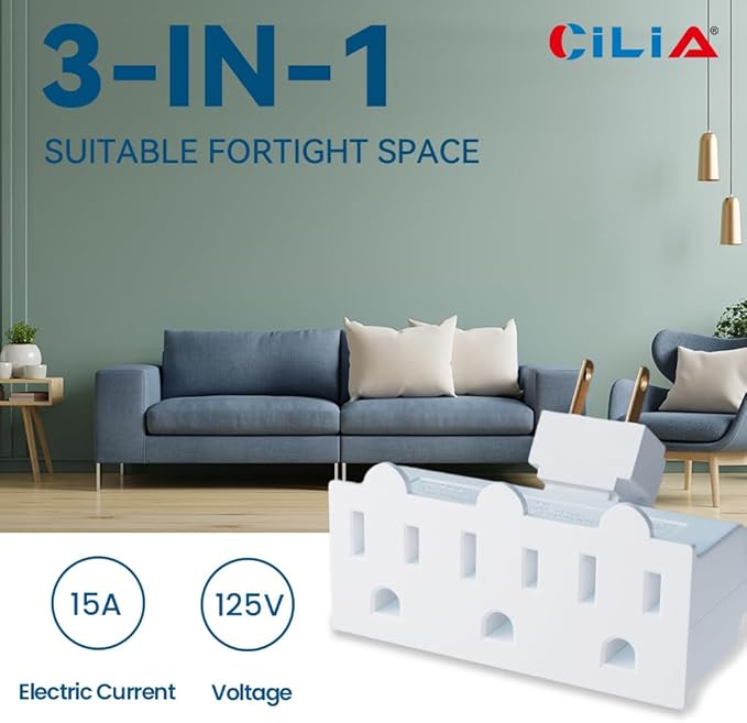CILIA 1 PC 3 Electrical Outlet Wall Adapter, Multi-Outlet Power Strip ETL Listed 3-Prong Grounded 180 Degree Swivel Indoor AC Mini Plug Wall Outlet Extender Tap White