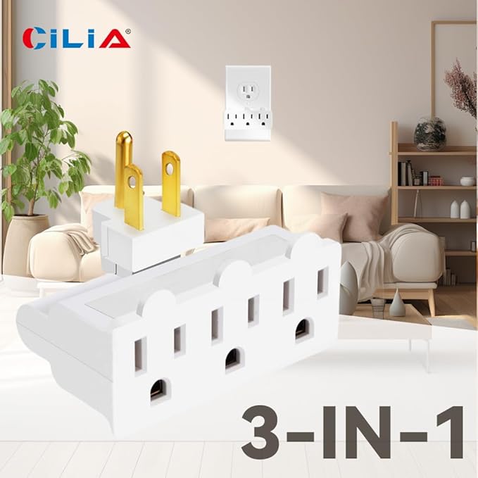 CILIA 1 PC 3 Electrical Outlet Wall Adapter, Multi-Outlet Power Strip ETL Listed 3-Prong Grounded 180 Degree Swivel Indoor AC Mini Plug Wall Outlet Extender Tap White