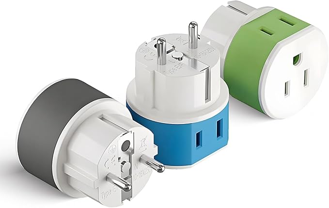 OREI Germany, France, Schuko Power Plug Adapter with 2 USA Inputs - Travel 3 Pack- Type E/F (US-9) Safe Grounded Use with Cell Phones, Laptop, Camera Chargers, CPAP, and More