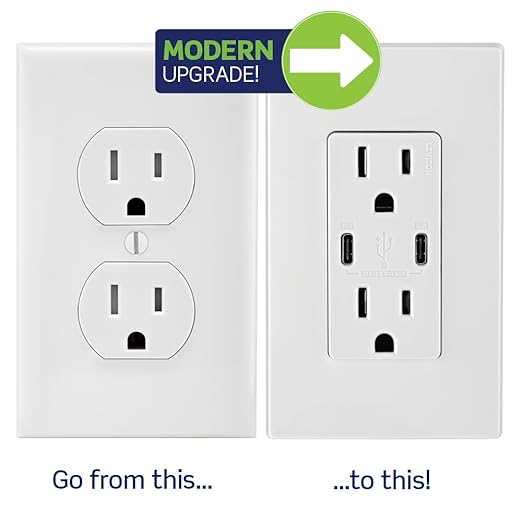 Leviton T5635-G 30W (6A) USB Dual Type-C/C Power Delivery In-Wall Charger with 15A Tamper-Resistant Outlet, USB Charger for Smartphones, Tablets, Laptops, Gray