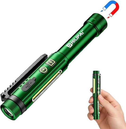 Magnetic Rechargeable Pen Light - 600 Lumen Dimmable EDC Flashlight, IPX4 Waterproof Work Light with Clip & COB LED for Mechanics, Nurses, Emergency(Green)