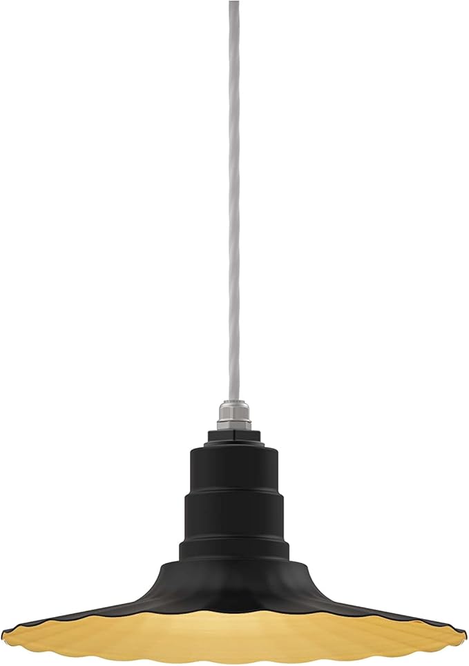 Steel Lighting Co. Eagle Rock Pendant | Ceiling Mounted Light | 16 inch Radial Wave | White Cord | Heavy Duty Steel Retro Farmhouse Style Made in America | Black Exterior/Brass Interior