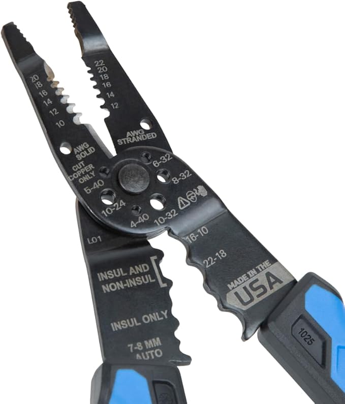Klein Tools 1025 Long Nose Multi-Purpose Wire Stripper Tool, Made in USA Professional Electrician Tools, Crimping Tool, Cable Stripper for 10-20 AWG Solid, 12-22 AWG Stranded Wire